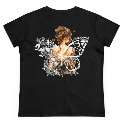 Large Back Design Romans 12:2 White on Black Women's Cotton T-Shirt