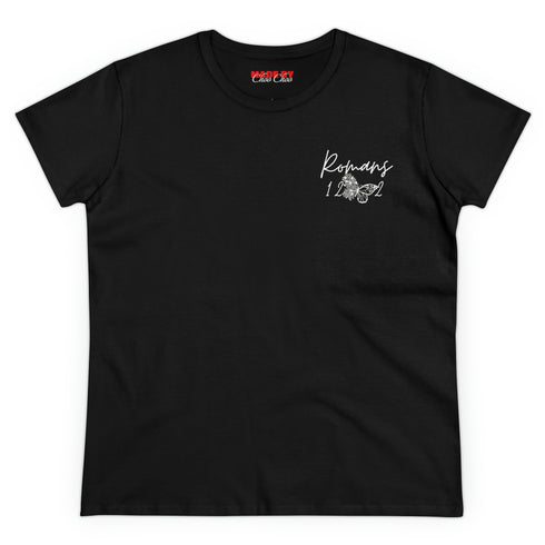 Large Back Design Romans 12:2 White on Black Women's Cotton T-Shirt