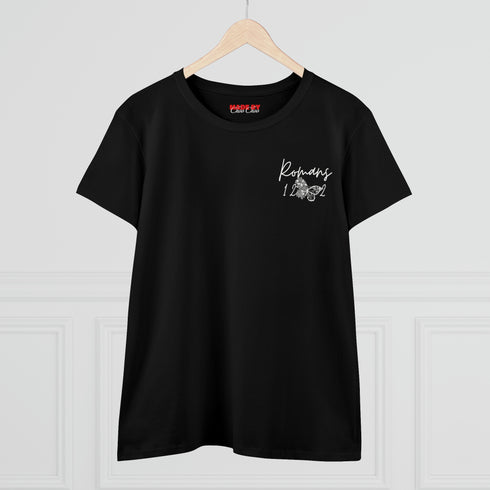 Large Back Design Romans 12:2 White on Black Women's Cotton T-Shirt