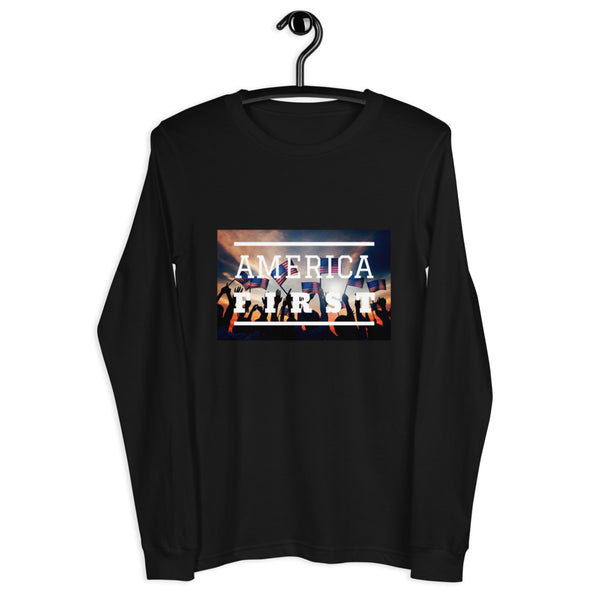 America First Crowd with USA Flags Black Unisex Long Sleeve Tee