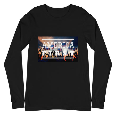 America First Crowd with USA Flags Black Unisex Long Sleeve Tee