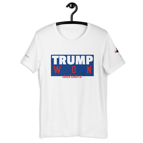 TRUMP WON deal with it CCLogo, Back Label, URL Sleeve White Mens Short Sleeve T-Shirt
