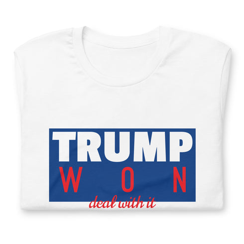 TRUMP WON deal with it CCLogo, Back Label, URL Sleeve White Ladies Short Sleeve T-Shirt